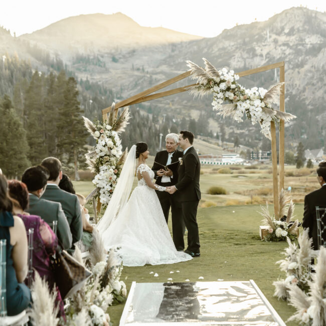 bride groom ceremony angled arch everline olympic valley