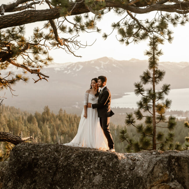 bride groom rock tahoe trees