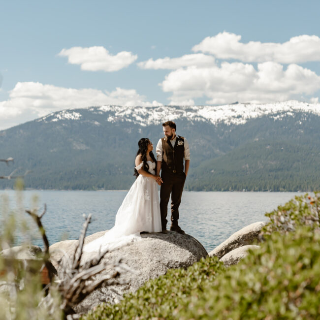 bride and groom lake tahoe rock