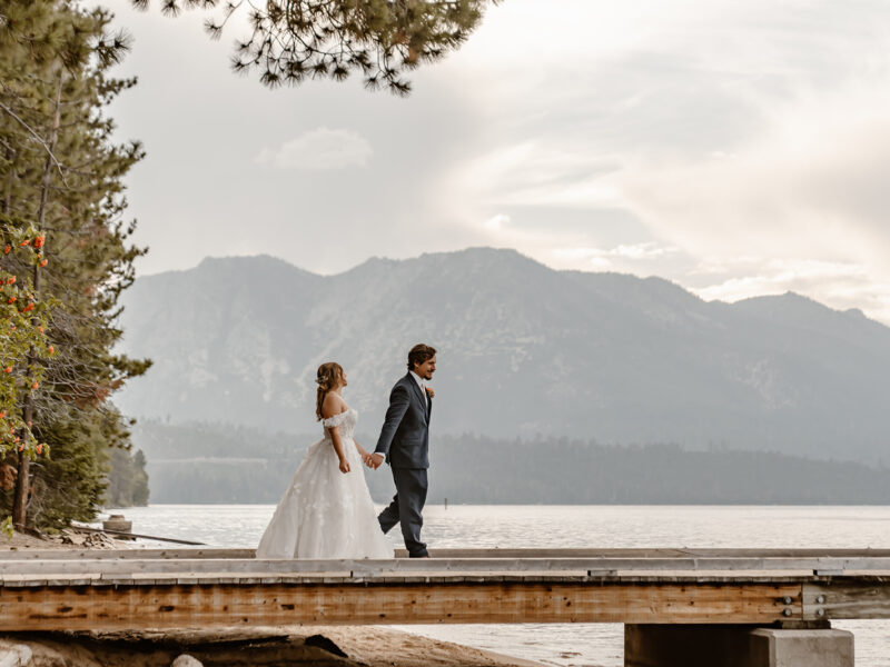 Lake Tahoe bride and groom on dock
